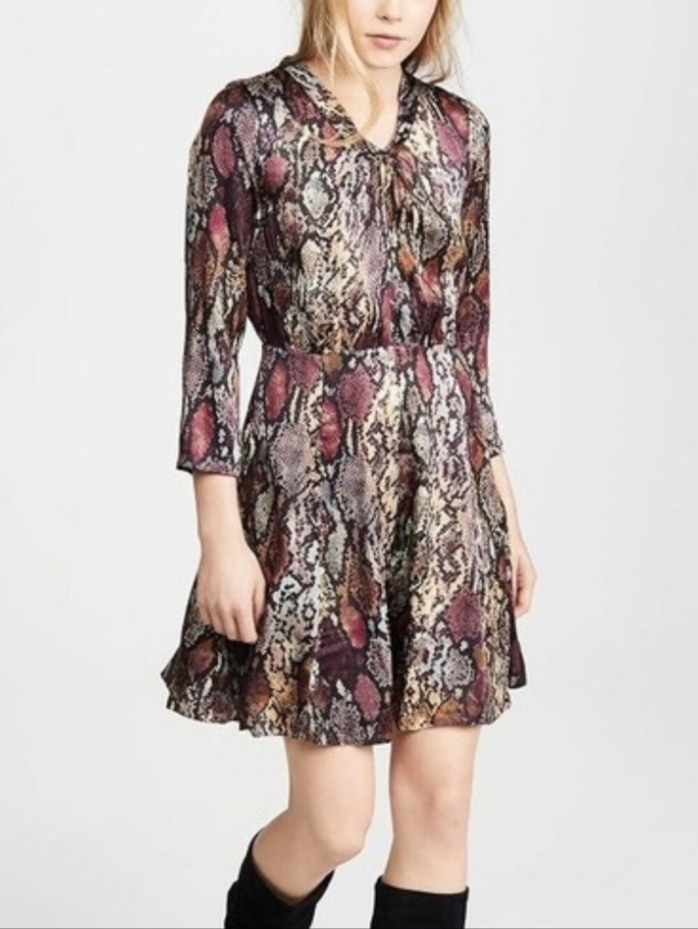 Rebecca Taylor Snake Print Dress Size 6 100% Silk Multicolor Long-Sleeve Moody